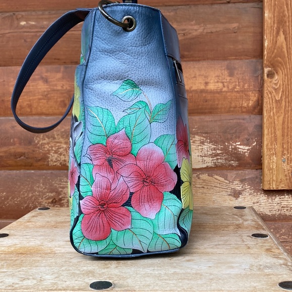 Anuschka Kitten Bag Gray Leather Hand Painted Cats and Flowers - Picture 4 of 14